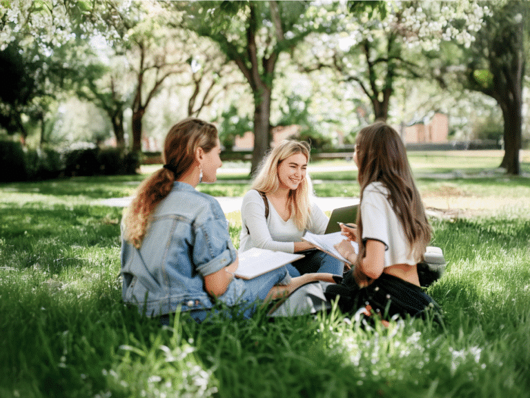 Drei Studentinnen sind auf der Wiese und lernen gemeinsam.