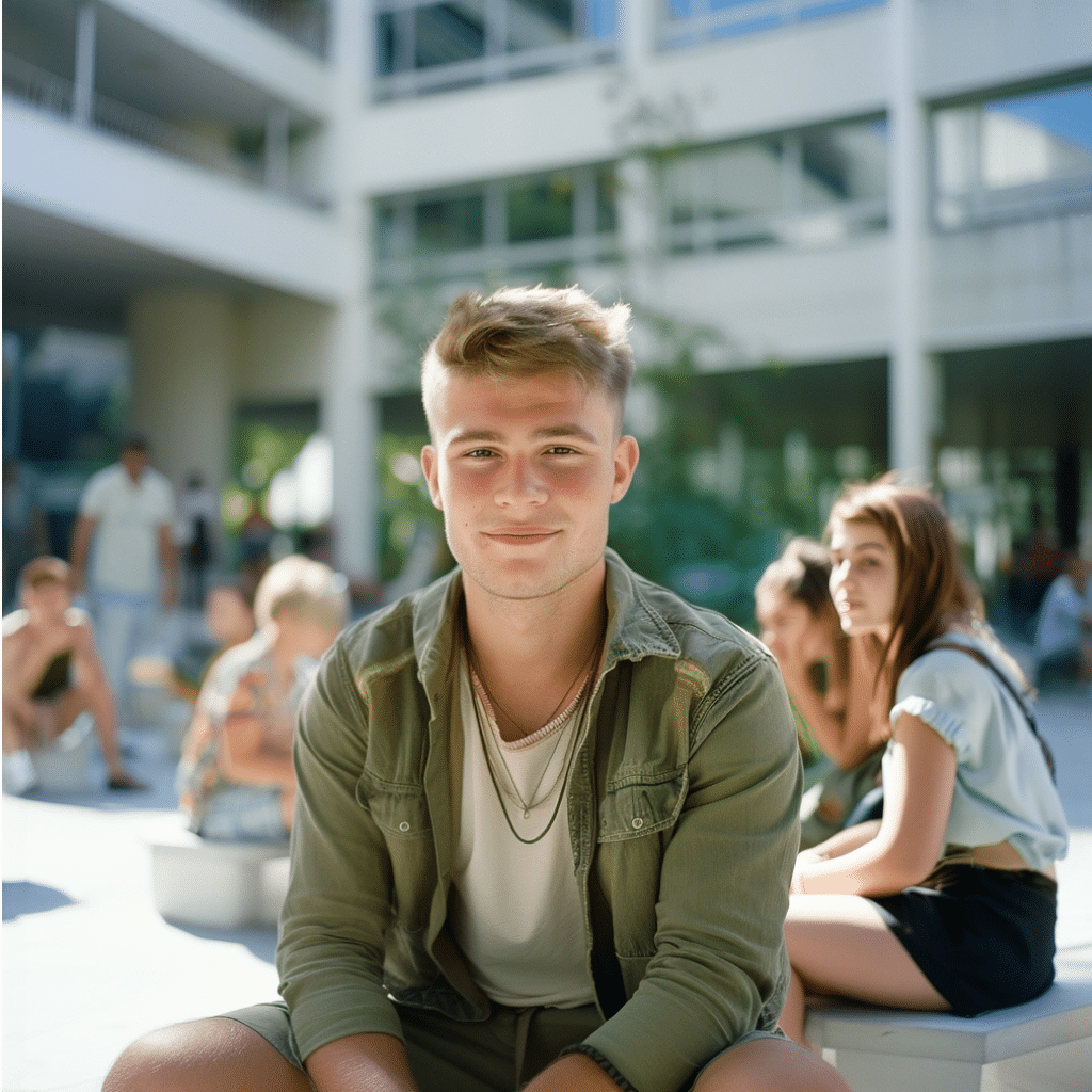 Junger Mann auf dem Campus im Sommer.
