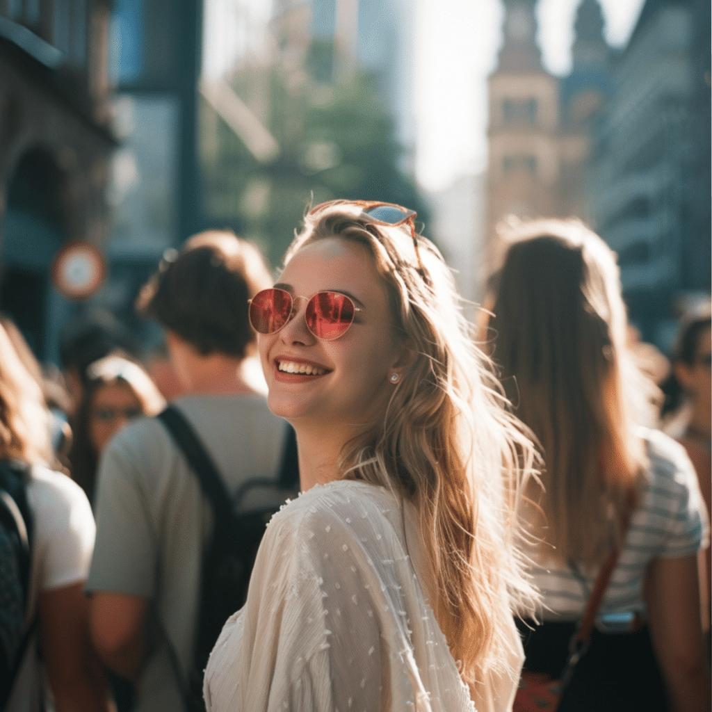 Mit einer spiegelnden Sonnenbrille ausgestattet, genießt diese Studentin den Alltag am Campus.